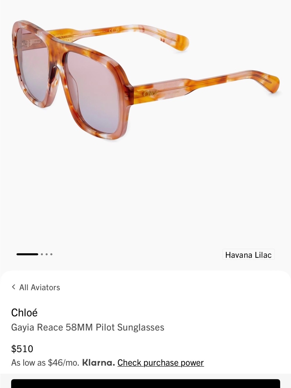 NEW Chloe Gayia Reace 58MM Pilot Sunglasses in Havana Lilac